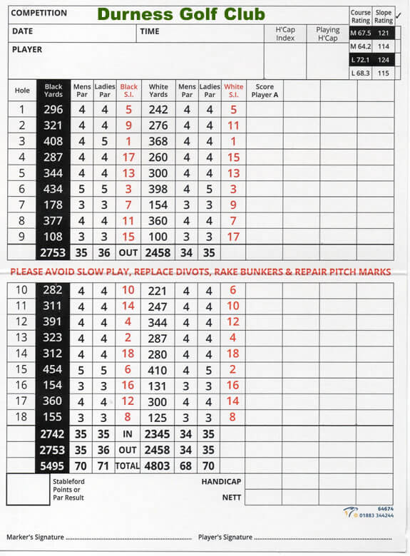 Durness Golf Course Scorecard
